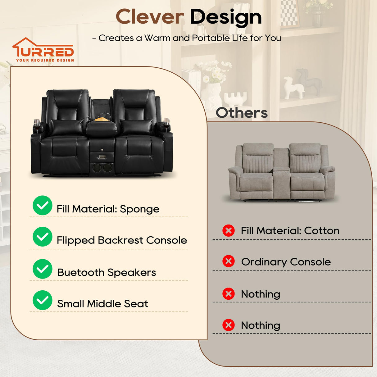 URRED Manual Reclining Loveseat Sofa with Console, Double Recliner RV Couch with Bluetooth Speakers, USB & Power Outlet, Cup Holders, Pillow and Side Pocket, for Home Theater, Faux Leather, Black URRED