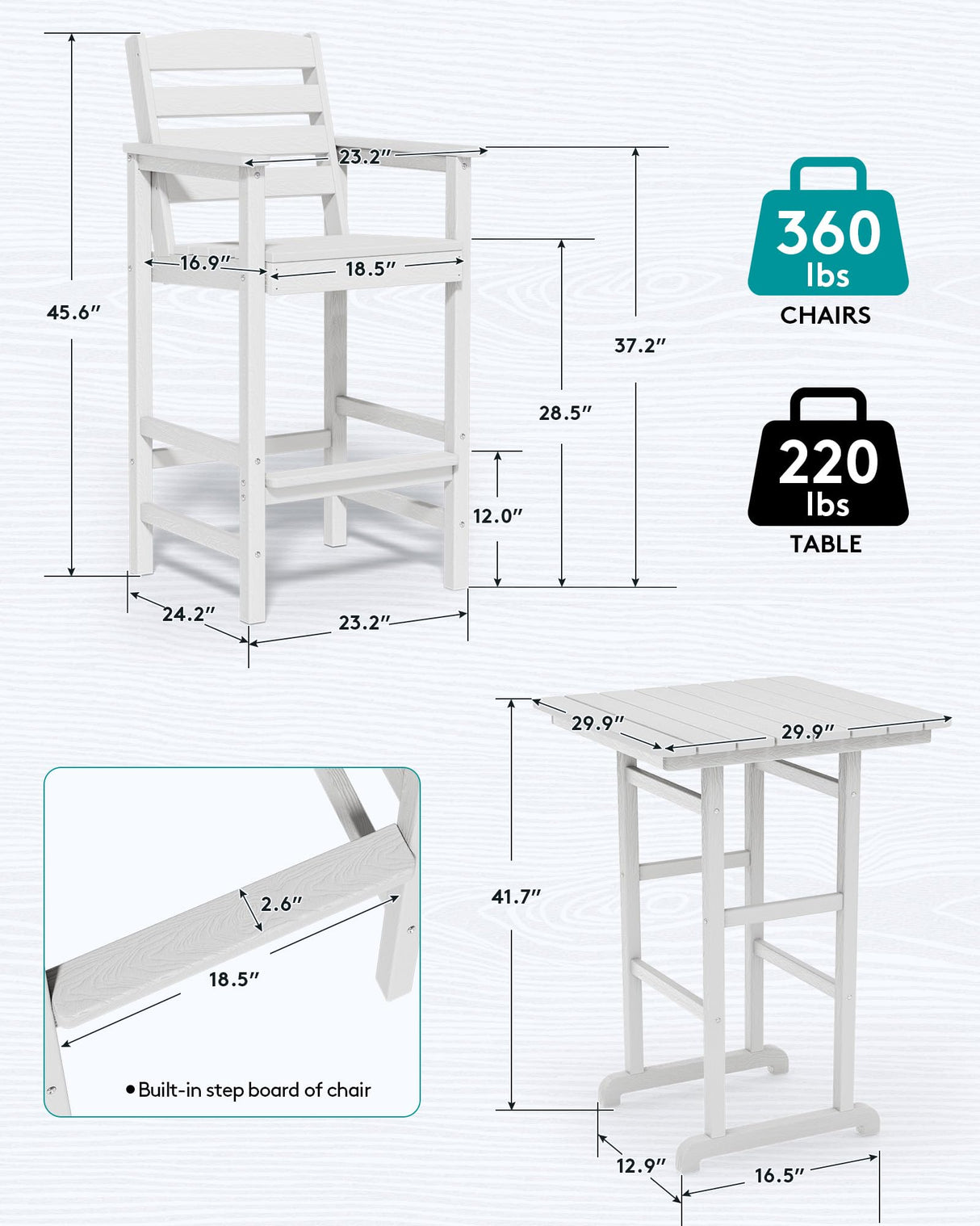 SERWALL Tall Adirondack Bar Chairs and Table 3 Pieces Set, Adirondack Bar Height Chairs Set of 2 and Bar Table, Outdoor Bar Stools Set for Bistro, Poolside, Backyard, White SERWALL