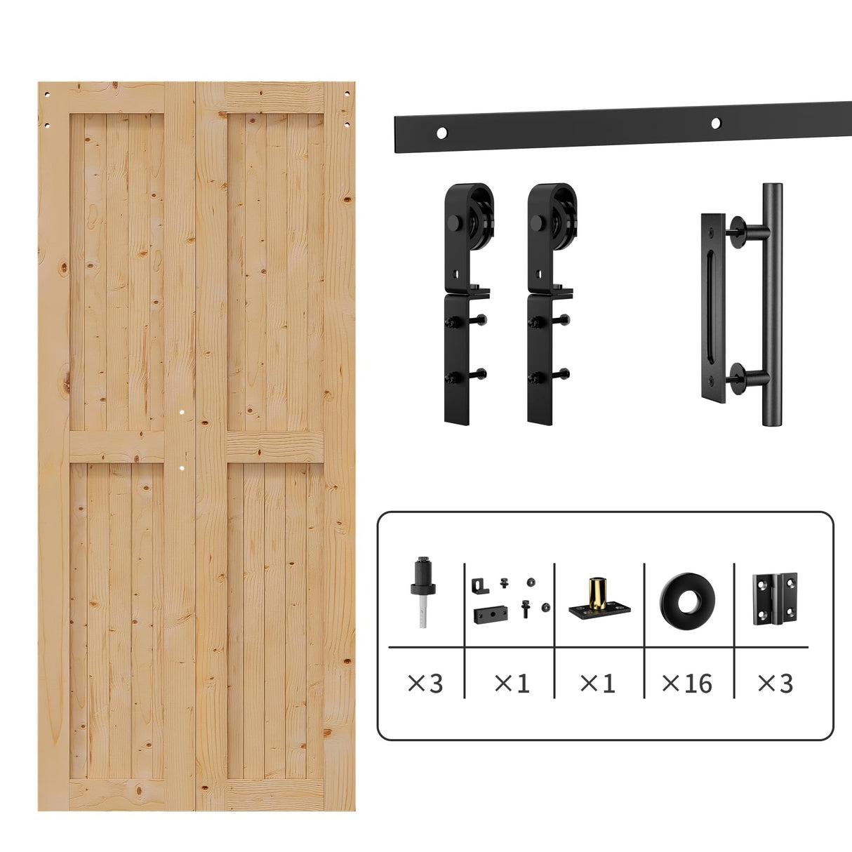 SANKEYTEW 36"x84" Bi fold Barn Door with 40" Bifold Barn Door Hardware Kit for 2 Doors, No-Assembly Solid Spruce Wood Folding Doors, Barn Door Hardware, and Double Sided Handle Pulls Included SANKEYTEW
