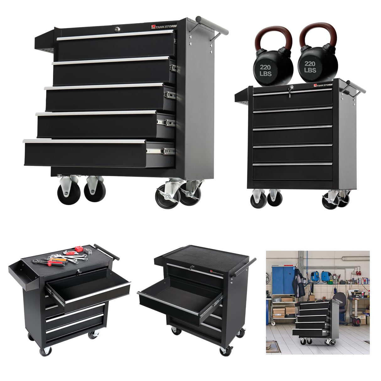 TANKSTORM Tool Chest Heavy Duty Cart Steel Rolling Tool Box 5 Drawer Cart (TZ35-BK) TANKSTORM