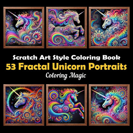 53 Fractal Unicorn Portraits: Stress Relief Scratch Art Style Coloring Book for Adults & Teens, Fractal on Black Background, Mindfulness Relaxation (Midnight Black Background Coloring Series) WoodArtSupply