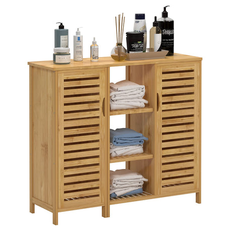 Soges Modern Bamboo Freestanding Bathroom Storage Cabinet with 2 Doors and 3-Tier Shelves soges
