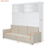 Merax Queen Size Murphy Bed, Wooden Queen Murphy Bed with Sofa and Cushion, Wall Bed with Shelves, White Merax