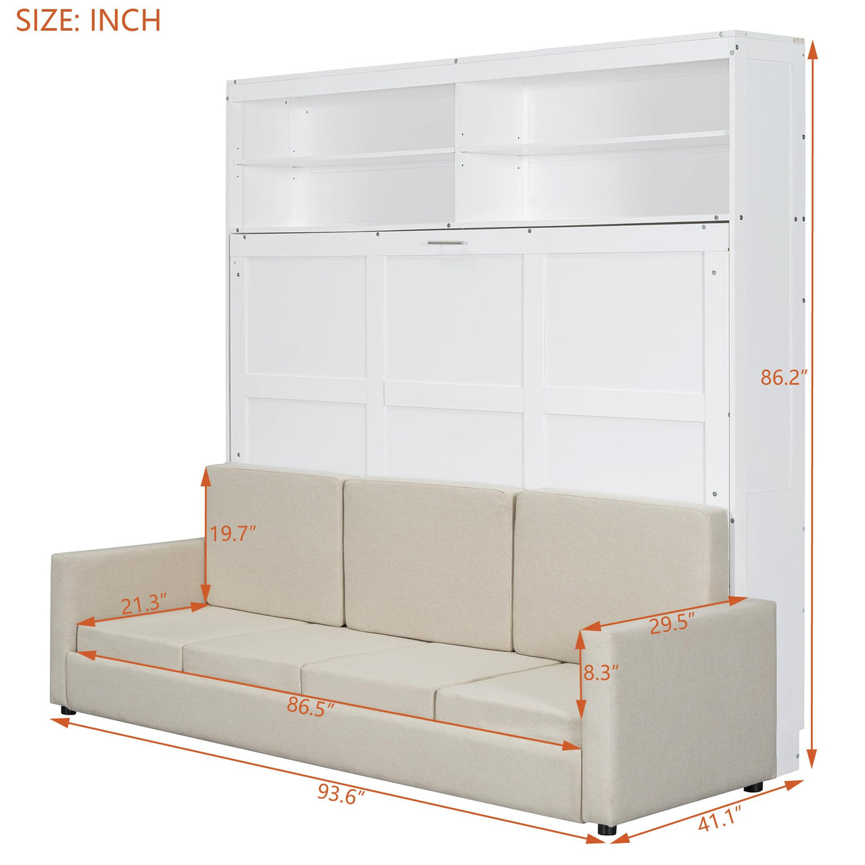 LZ LEISURE ZONE Queen Size Murphy Bed, Wooden Queen Murphy Bed with Sofa, Cushionand Shelves, White LZ LEISURE ZONE