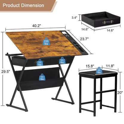 VECELO Drafting Table Adjustable Desk Tilted Tabletop with 2 Storage Drawers and Stool, Art Workstation for Artist Painters Drawing, Crafting, Reading, Writing, Home Office, Rustic Brown - WoodArtSupply