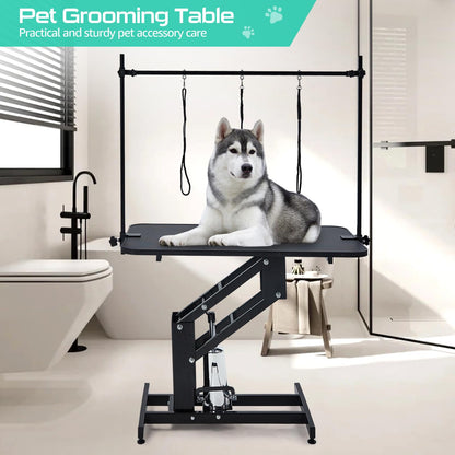 43.3" Hydraulic Dog Grooming Table for Pet, Heavy Duty Structural Hydraulic Max Load 350Lbs Professional Pet Grooming Table with Adjustable Overhead Arm & Noose Height Range 22''-39'' (BLACK)