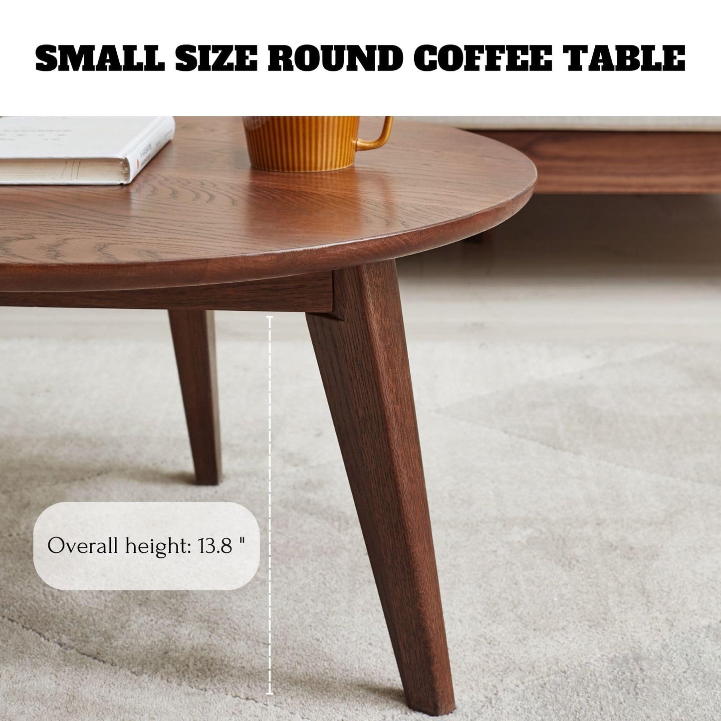 Vadisun 100% FAS Solid Oak Wood Mini Coffee Table - Natural Walnut Finish Round Coffee Table-Low Tea Table