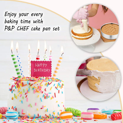 8 Inch Cake Pan Set, 3 Pcs P&P CHEF Round Baking Pans Stainless Steel Layer Birthday Wedding Cake Pans, Fit Oven/Pots/Pressure Cooker, Non Toxic & Heavy Duty, Dishwasher Safe