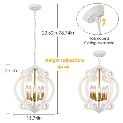 LWYTJO Farmhouse Wood Chandelier, 5 Lights Antique White & Gold Chandeliers for Dining Room, Rustic Hanging Lighting Pendant Light Fixture for Living Room Bedroom Hallway Foyer Entryway