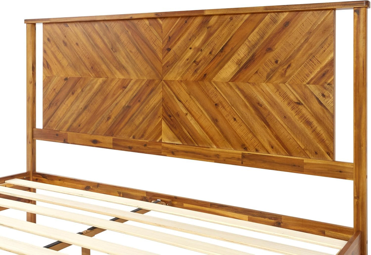 Bme Vivian 14 Inch Rustic Golden Brown Deluxe King Bed Frame with Herringbone Headboard Bme