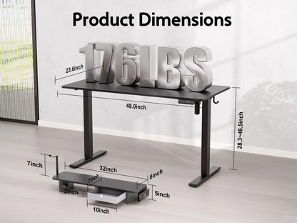 WALKINGDESK 48x24 Inches Electric Standing Desk with Drawer and Monitor Stand, Height Adjustable Stand up Desk for Home Office, Ergonomic Sit to Stand Desk with Phone Holder, 3 Hooks, Black