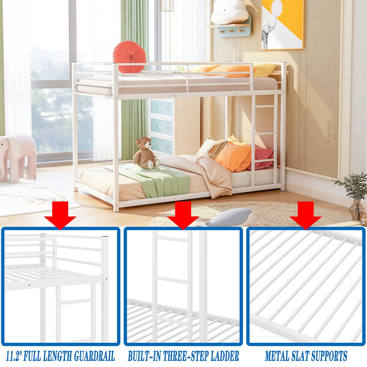 HomJoones Low Metal Bunk Bed Frame for Kids, with Built-in Ladder, High Guardrail and Metal Slats, Floor Bed Bottom Bunk, No Boxspring Required, for Small Spaces, Twin-Over-Twin (White) HomJoones