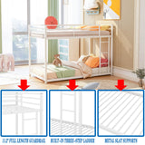 HomJoones Low Metal Bunk Bed Frame for Kids, with Built-in Ladder, High Guardrail and Metal Slats, Floor Bed Bottom Bunk, No Boxspring Required, for Small Spaces, Twin-Over-Twin (White) HomJoones