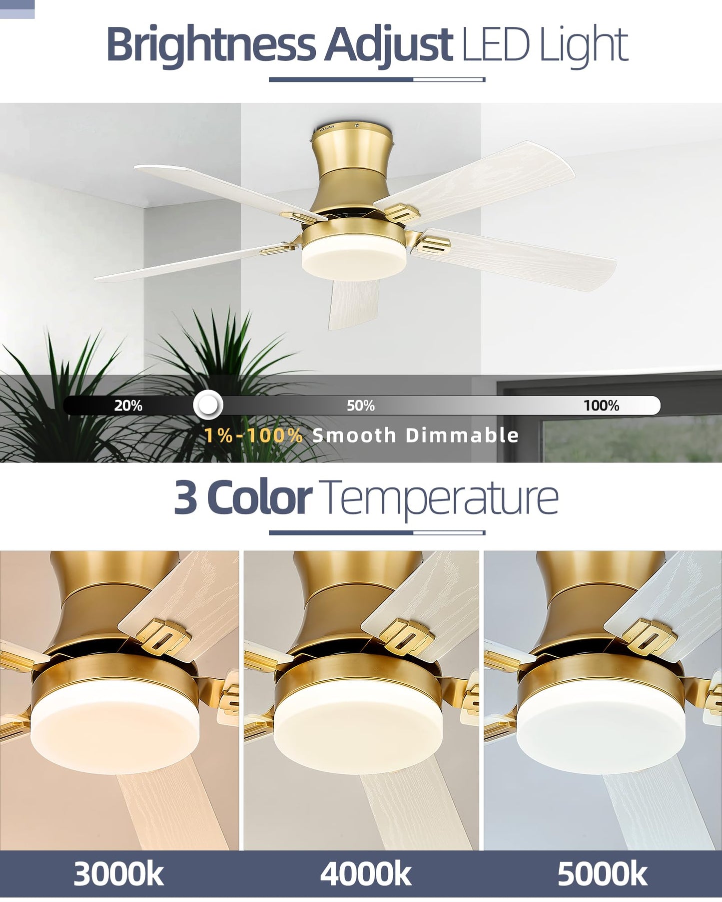 YOUKAIN Ceiling Fans with Lights, 52 inch Low Profile Ceiling fan with Remote Control and App Control, Flush Mount, Reversible, Dimmable, Gold Ceiling Fan for Bedroom, Indoor/Outdoor Use, 52-YJ865-GD