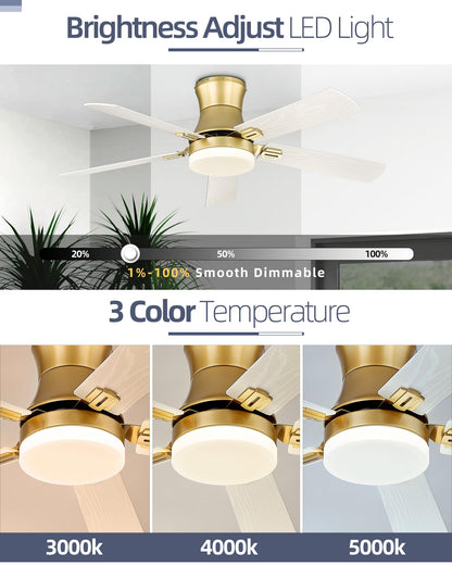 YOUKAIN Ceiling Fans with Lights, 52 inch Low Profile Ceiling fan with Remote Control and App Control, Flush Mount, Reversible, Dimmable, Gold Ceiling Fan for Bedroom, Indoor/Outdoor Use, 52-YJ865-GD