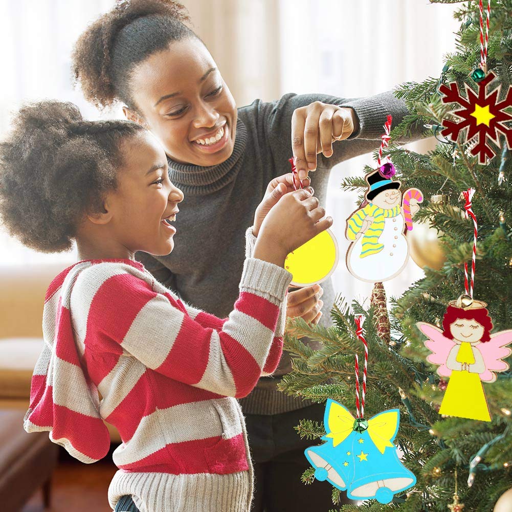 GUDELAK 48PCS Christmas Crafts for Kids, Wooden Christmas Ornaments Unfinished Wood Slices with 6 Styles, DIY Christmas Ornaments Kits for Christmas Tree Holiday Hanging Decorations GUDELAK