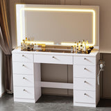 JassmiPkwy 46 INCH Makeup Vanity Desk with Mirror - Glass Tabletop Vanity Table with Lights, Drawers, Power Outlet, Large Storage Desk for Bedroom, White JassmiPkwy