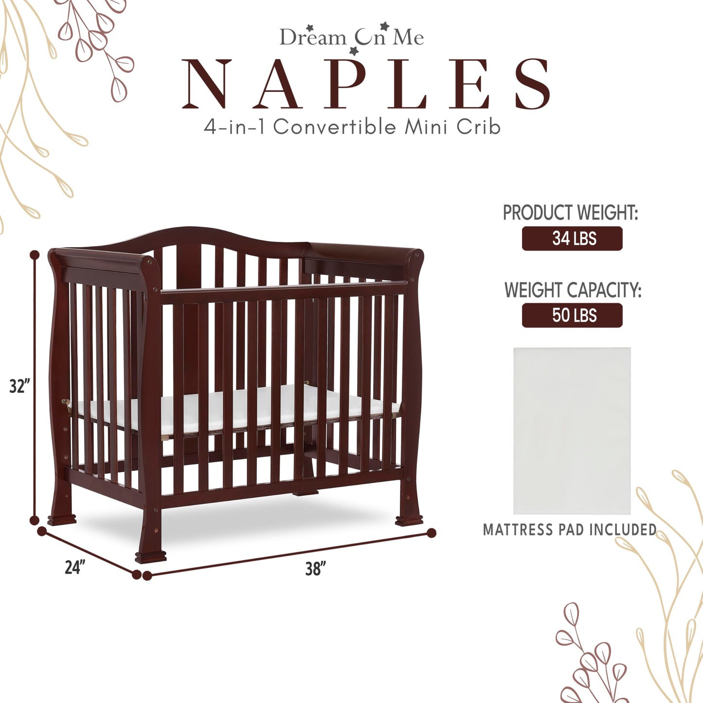 Dream On Me Addison 4-in-1 Convertible Mini Crib in Espresso, Greenguard Gold Certified, Non-Toxic Finishes, Built of New Zealand Pinewood, Comes with 1” Mattress Pad