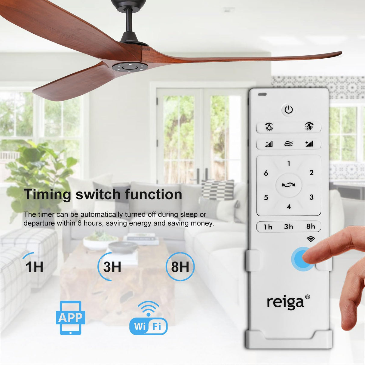 reiga 70 Inch Large Wood Ceiling Fan without Light, 3 Blade Indoor Outdoor High Airflow Silent Smart Ceiling Fans with Remote Control for Living Room Exterior Patio Porch reiga