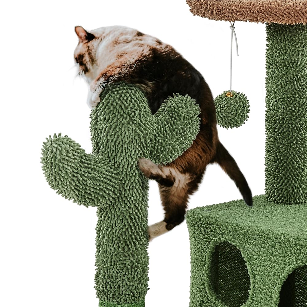 Yaheetech Cactus Cat Tree, 54.5in Tower w/Ramp, Animal-Ear Shaped Perch, Scratching Posts, Platform & Hanging Ball, Multi-Level Condo for Indoor Kittens, Green/Brown Yaheetech
