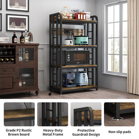 SIREDEEP Rustic Brown 4-Tier Bakers Rack with Power Outlet – Versatile Kitchen Storage and Microwave Stand SIREDEEP