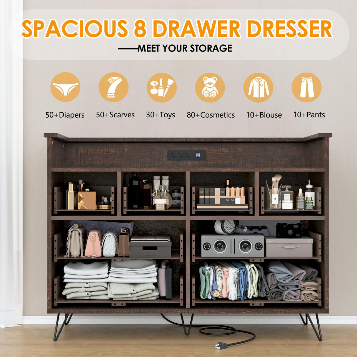 Patikuin Dresser for Bedroom with LED Light & Charging Station, 8 Drawers Wooden Dressers with Open Space, Vintage Chest of Wide Drawers for Living Room, Entryway, Hallway, Dark Brown Patikuin