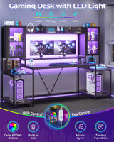 SEDETA Gaming Desk 74.8'' with LED Lights, Hutch and Storage Shelves, Computer Desk with Monitor Stand, Large PC Gamer Desk Workstation, Ergonomic Gaming Table for Bedroom, Living Room, Black SEDETA