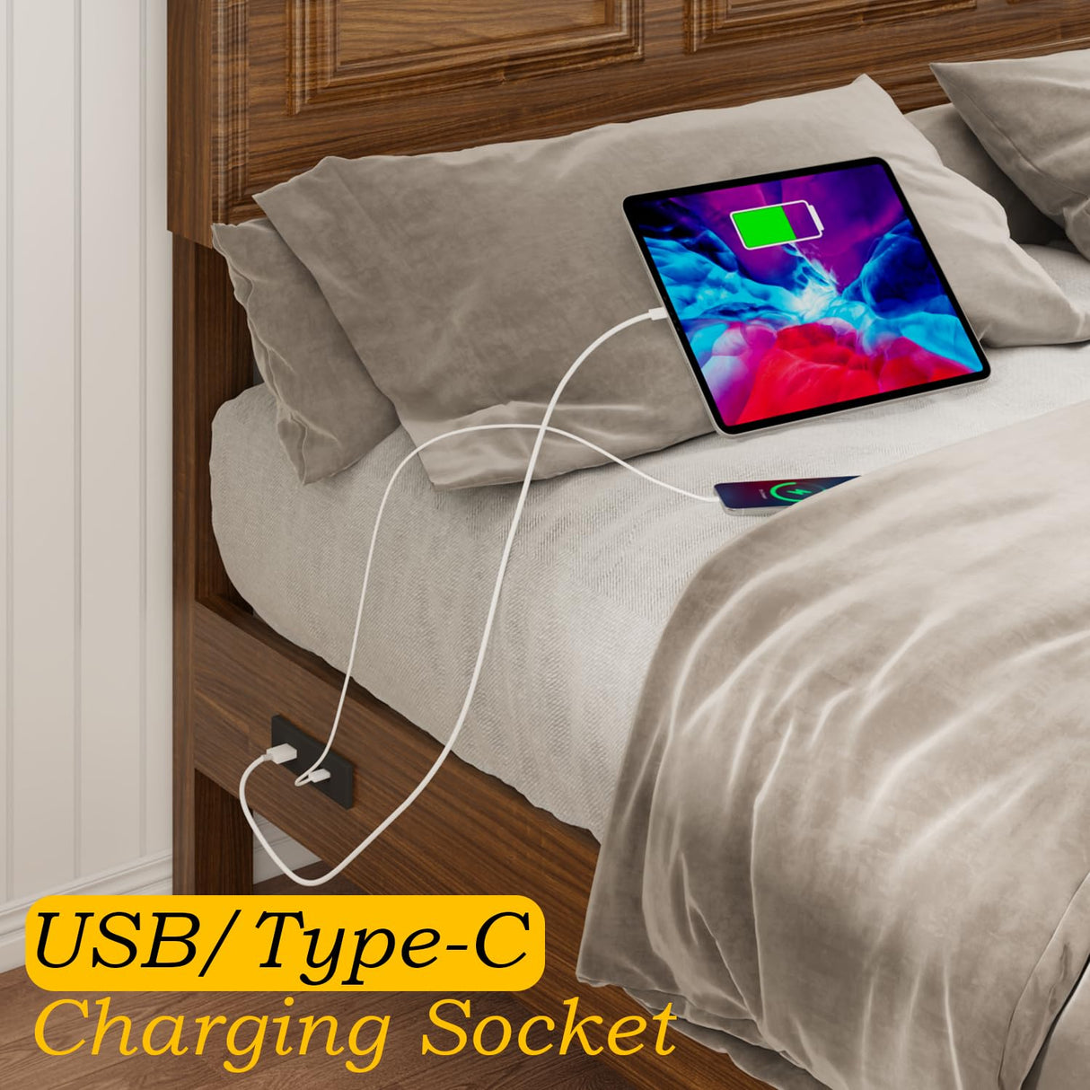 Incyneva Farmhouse Platform Queen Bed Frame Wood with Adjustable Headboard, LED Light and Charging Station, No Box Spring Needed, Noise Free, Geometric Design & Vintage Brown Incyneva