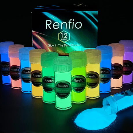 Renfio 12 Colors Glow in The Dark Powder Set, 9.86oz 276g Resin Luminous Pigment Powders Glowing Mica Powder Glow Paint Dyes for Epoxy Resin Supplies, Acrylic Paint, Nail Art, DIY Crafts, Slime Renfio