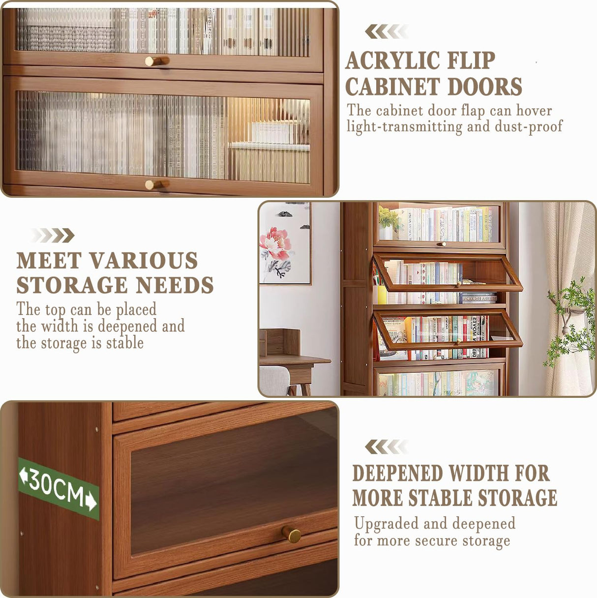 qeknxks 55" Bamboo Bookcases,Book Shelfs with Acrylic Doors,Freestanding Display Storage Shelves for Collectibles,4 Tier Tall Bookshelfs & Bookcases for Living Room Bedroom Home Office qeknxks