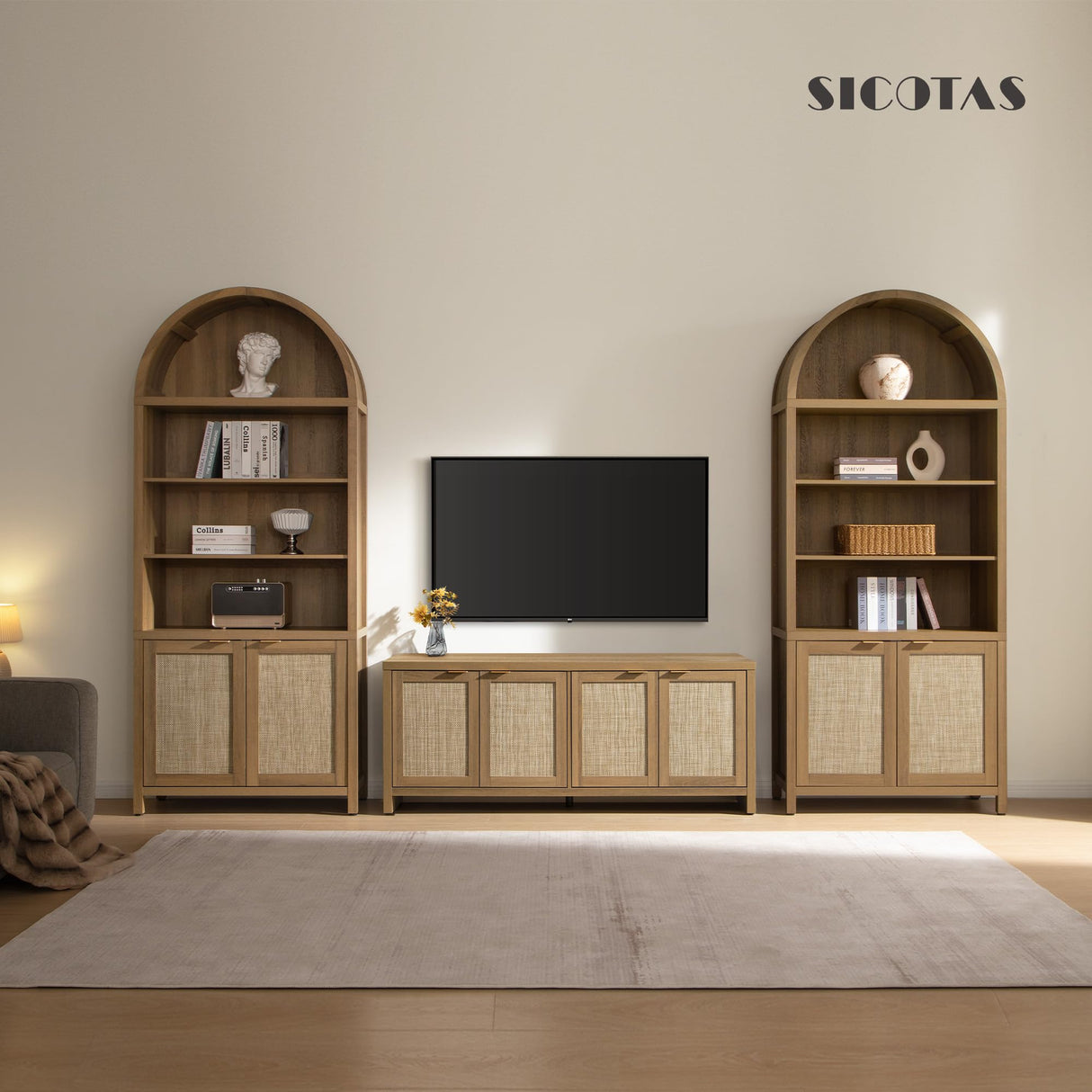 SICOTAS Book Shelf Arched Cabinet Bookshelf Arch 84.2" Tall Bookcase 5 Tier Large Bookshelves with Doors Storage Rattan Boho Wide Book Shelves Case for Living Room Kitchen Office Bedroom Library SICOTAS