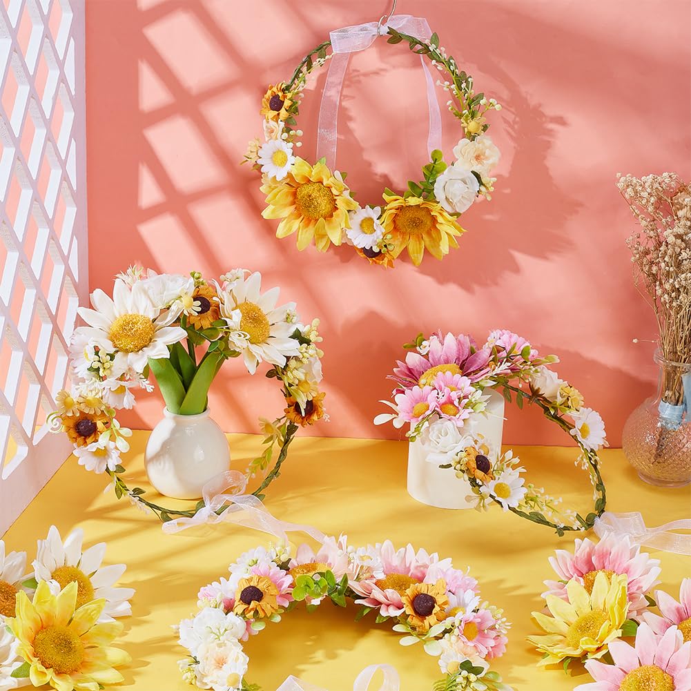 ACRNIGHEET 4PCS DIY Sunflower Crown Making Kit, Sunflower Crown Kit, DIY Flower Crowns for Women, Flowers, Vines and Leaves Sets for Brides Bridesmaids' Headwear in Weddings or Holiday Decorations ACRNIGHEET
