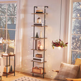 HOOBRO DIY Ladder Shelf, 6-Tier Wooden Wall Mounted Bookshelf, Narrow Bookcase, Display Shelf, Storage Rack, Plant Stand, for Living Room, Bedroom, Study, Balcony, Rustic Brown and Black BF651CJ01 HOOBRO