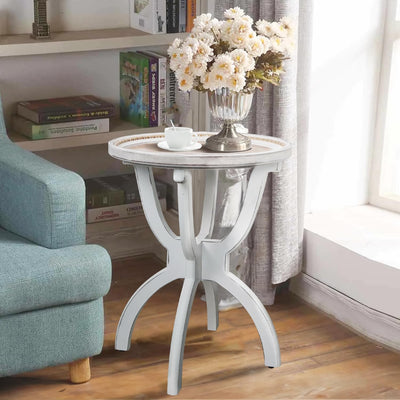 HCODCIBA Farmhouse End Table with Carved Tray Top,Small Round Side Table with Curved Legs,Retro Bedside Table Rustic Accent Table for Living Room,Bedroom