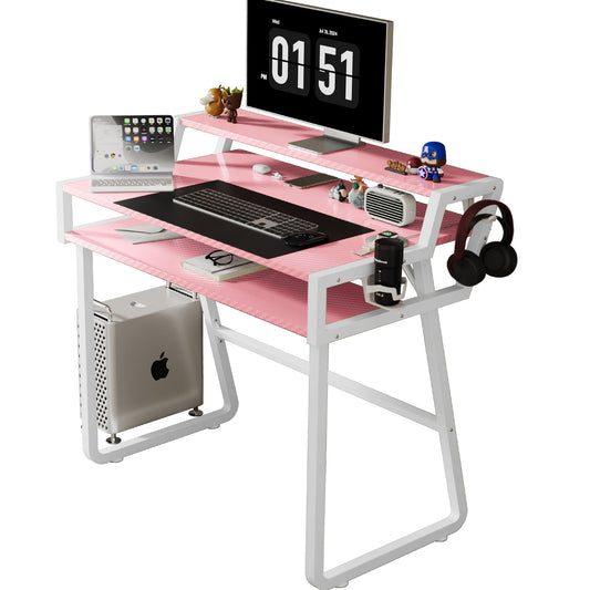 ZhengKai OS Pink Gaming Desk – 33 Inch Ergonomic Home Office Desk with 3-Tier Design, Spacious Carbon Fiber Surface, 1mm Steel Frame, Cup Holder, and Headphone Hook – Pink