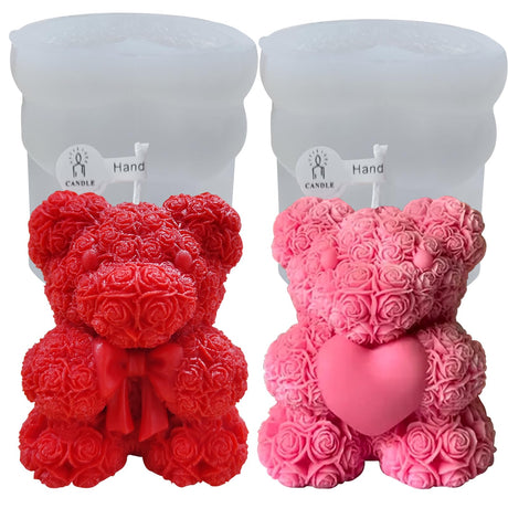 2PCS Rose Bear Silicone Mold,3D Teddy Bear Candle Making Molds,Silicone Epoxy Resin Mould,Ornament for DIY Wax Candle Art Craft Cake Chocolate Home Decor Valentine Gifts Birthday Gift（MINI） JDH Silicone