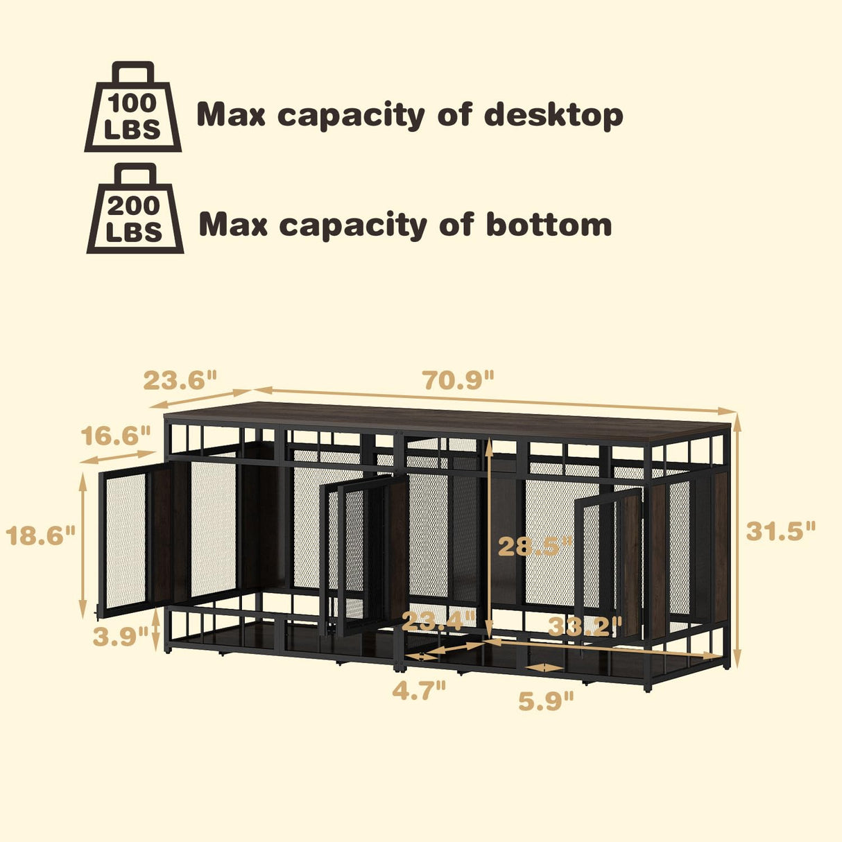 PIAOMTIEE 70.9" Large Double Dog Crate Furniture, Heavy Duty Wooden Iron Crate Kennel Furniture with Removable Divider for Small Medium Large Dogs, Rustic Brown+Black PIAOMTIEE