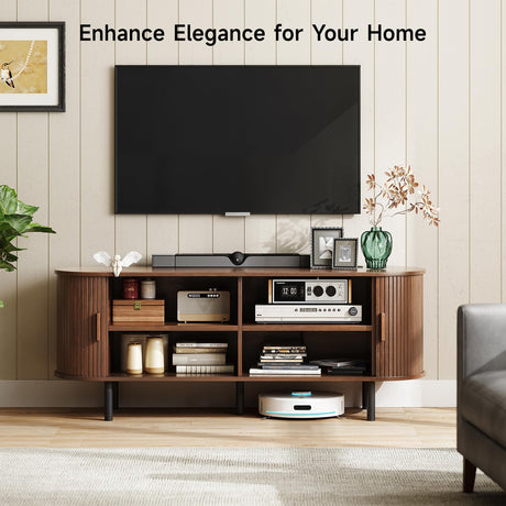 ONBRILL 55" TV Stand with Power Outlet for TVs up to 60 Inch, Entertainment Center with Storage and Adjustable Shelves, Modern Media Console with Sliding Doors for Living Room, Walnut ONBRILL