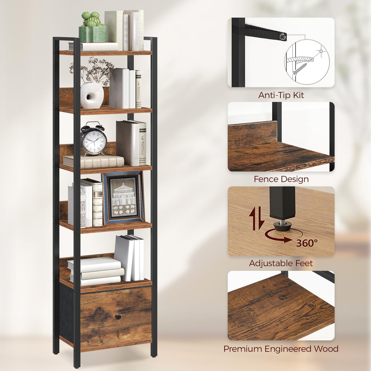 MAHANCRIS Bookshelf, 6-Tier Bookcase with Drawer, Small Book Shelf for Small Space, Storage Shelf Organizer, for Living Room, Bedroom, Study, Kitchen, Rustic Brown and Black BKHR66101 MAHANCRIS