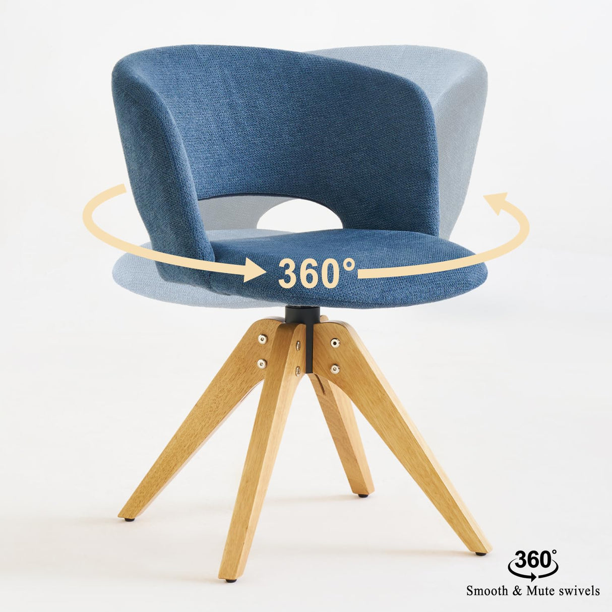 GrandNoor Mid Century Modern Swivel Accent Chair with Solid Wood Legs, Home Office Desk Chair No Wheels, Makeup Chair for Vanity, Upholstered Chair for Bedroom, Blue GrandNoor