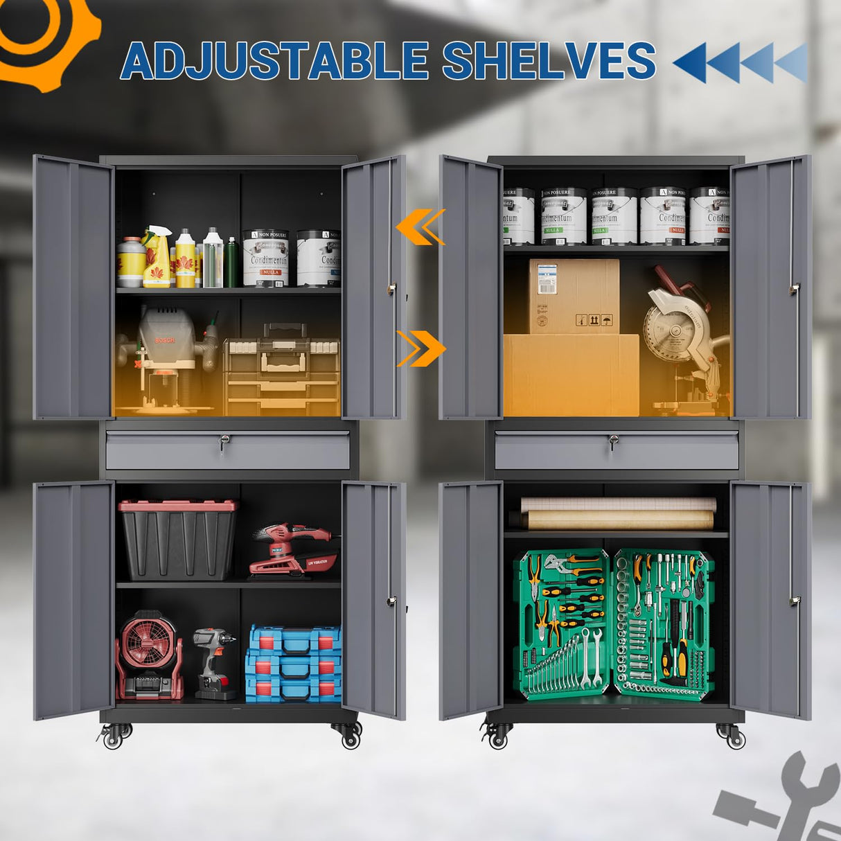 Fesbos 73" Metal Cabinet-Black&Gray Heavy Duty Rolling Storage Cabinet Steel Tool Cabinets with Wheels, Shelves, Lockable Doors and Drawers- for Garage, Pantry, Warehouse - Assembly Required Fesbos