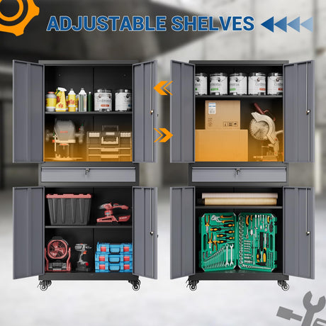 Fesbos 73" Metal Cabinet-Black&Gray Heavy Duty Rolling Storage Cabinet Steel Tool Cabinets with Wheels, Shelves, Lockable Doors and Drawers- for Garage, Pantry, Warehouse - Assembly Required Fesbos