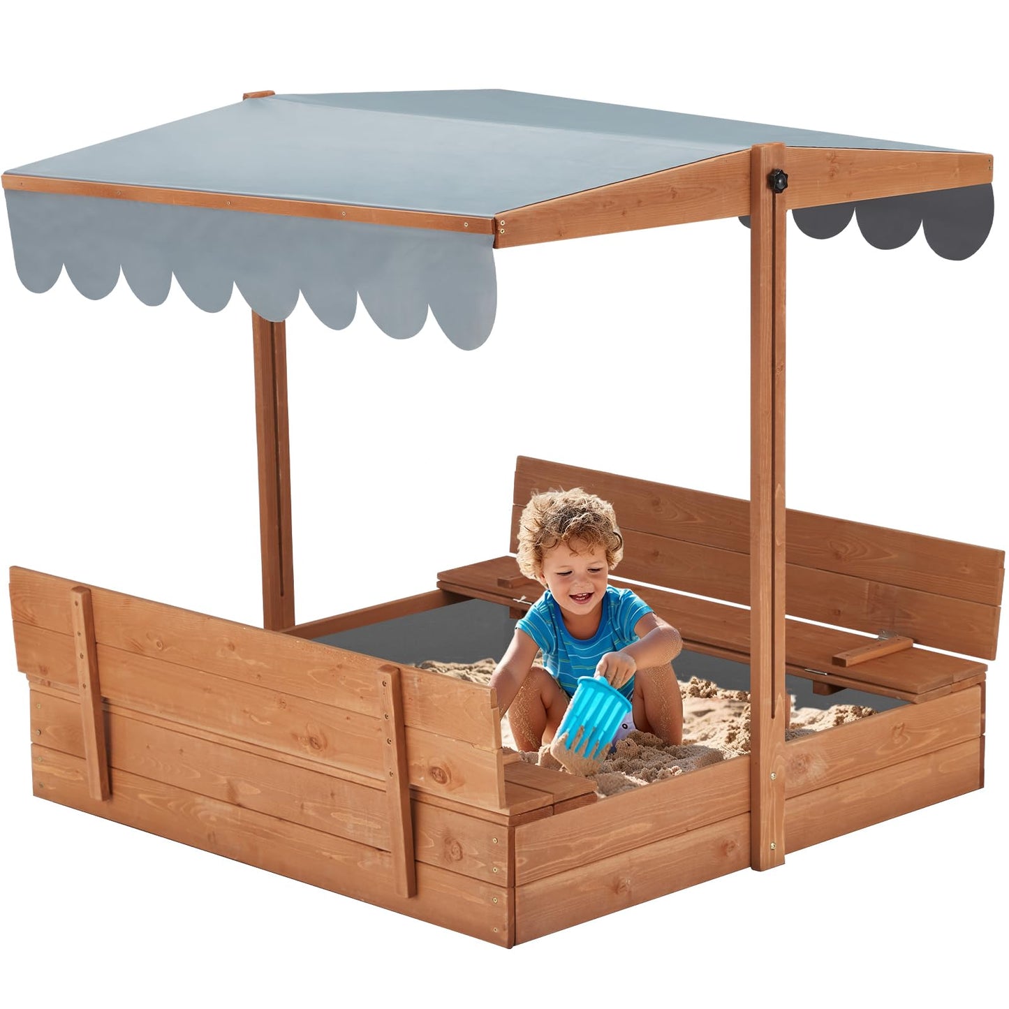 YOLENY Sandbox, Kids Sandbox with Lid, Sand Box for Kids Ages 3-8, Wooden Outdoor Sandbox with Cover and Height Adjustable Roof, Sand Protection Liner, for Backyard, Beach, Lawn, Orange