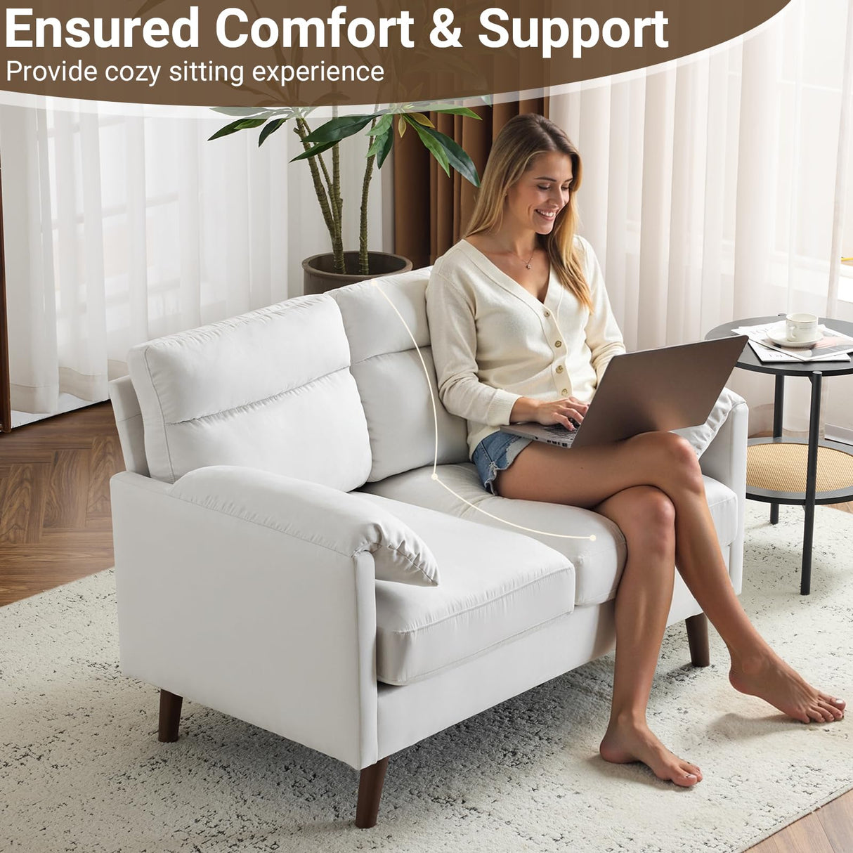 Karl home Mini Loveseat Sofa Couch, 48.8" Small Loveseat with Suede Nap Upholstery for Living Room, Comfy Seating Love Seat for Small Space, Apartment, Home Office, Beige Karl home