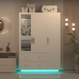 jiteentarou 3 Door Wardrobe Closet with Mirror & LED Lights, Bedroom Armoire with Drawers & Shelves, Modern Wooden Armoire Wardrobe Closet with Hanging Rod for Bedroom, White jiteentarou