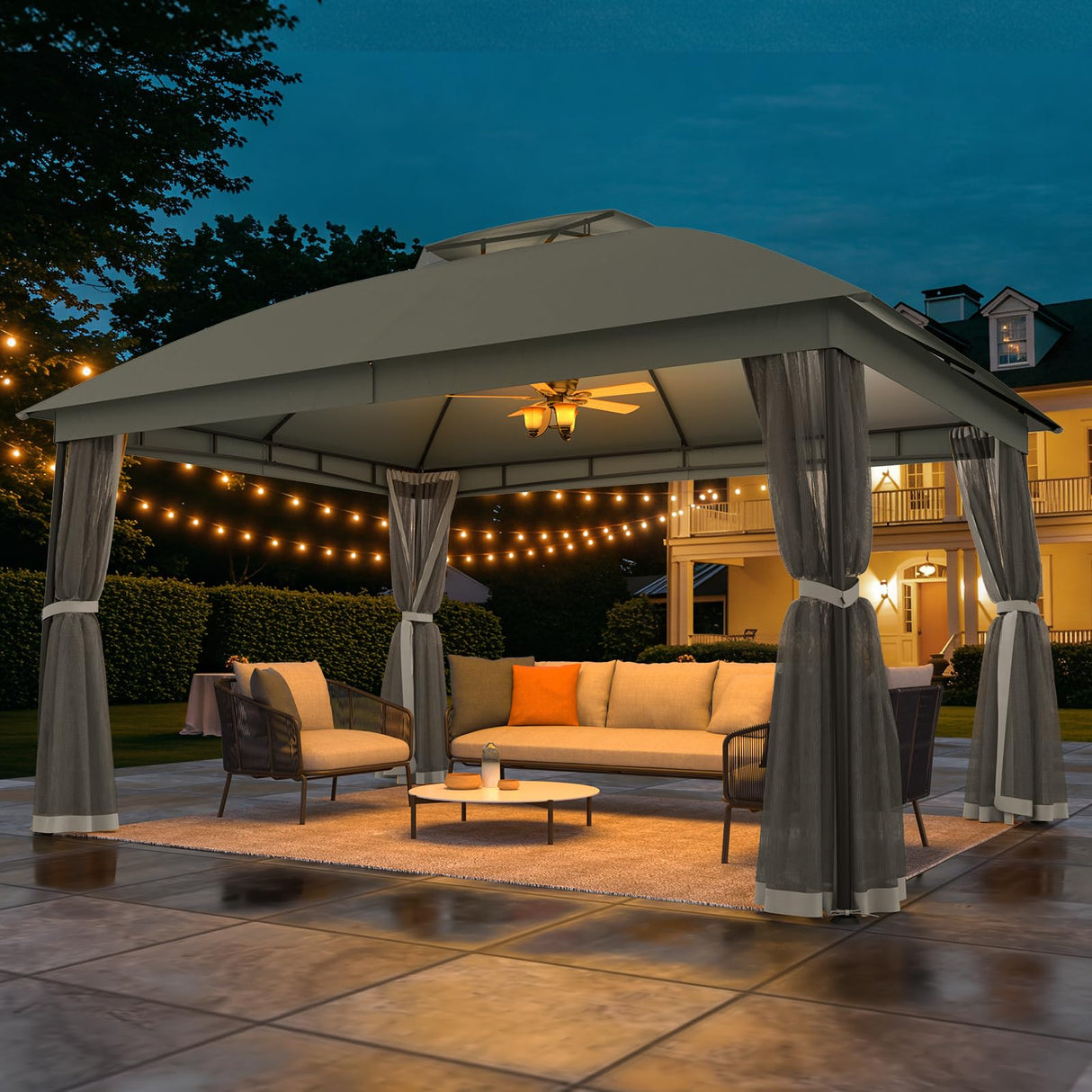 EROMMY 10 x 13 Patio Gazebo, Outdoor Waterproof Gazebo with Mosquito Netting, Sturdy Metal Canopy Gazebos with Double Air Roofs, Outdoor Tent for Backyard/Deck, Gray EROMMY