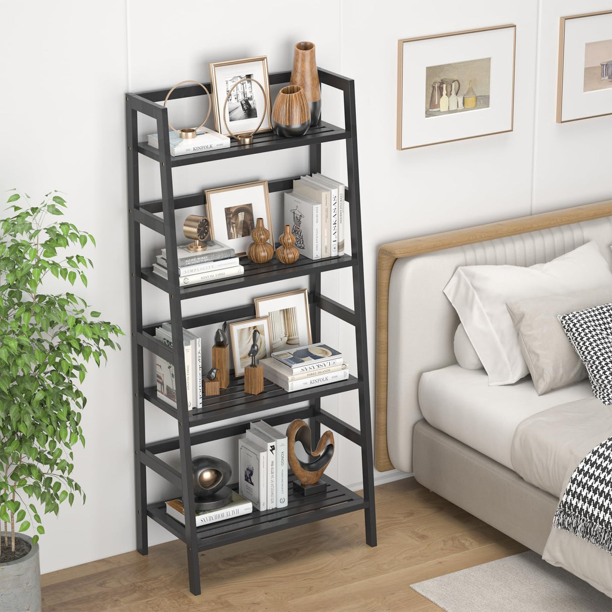 Homykic Bamboo Bookshelf 4-Tier Ladder Shelf, 49.2” Freestanding Open Bookcase Book Shelf Bathroom Storage Shelf Unit Plant Stand for Small Space, Living Room, Bedroom, Home Office, Black Homykic