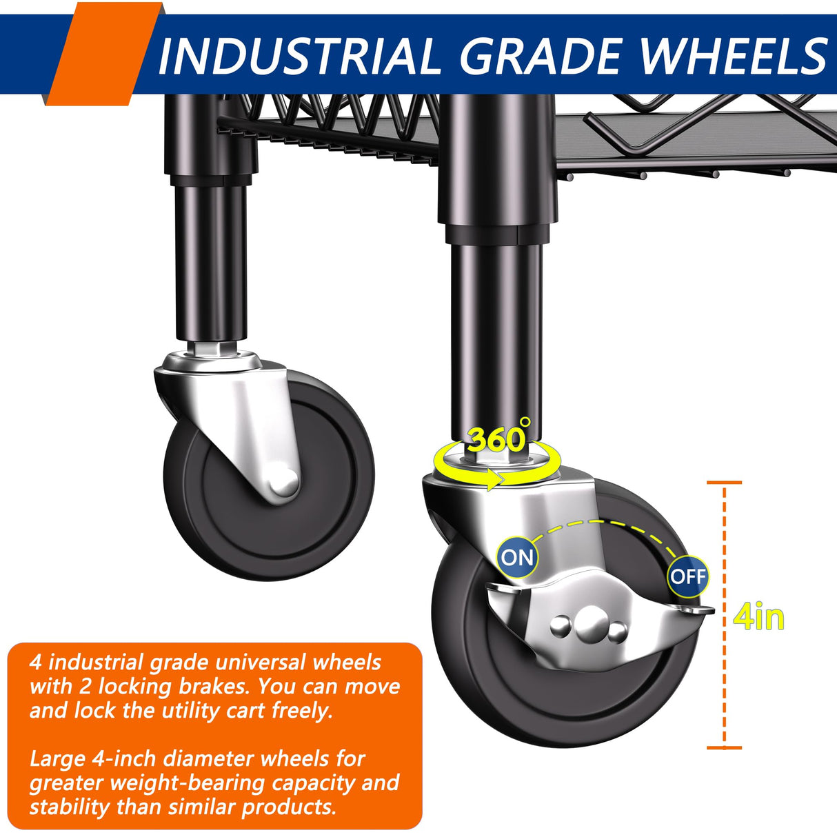 3 Tier Heavy Duty Rolling Utility Cart,18" D x 23.8" W x 36.6" H Rolling Carts with Wheels,Commercial Grade Metal Cart with Handle Bar & Shelf Liner,Trolley Serving Storage Cart for Kitchen Black REGILLER