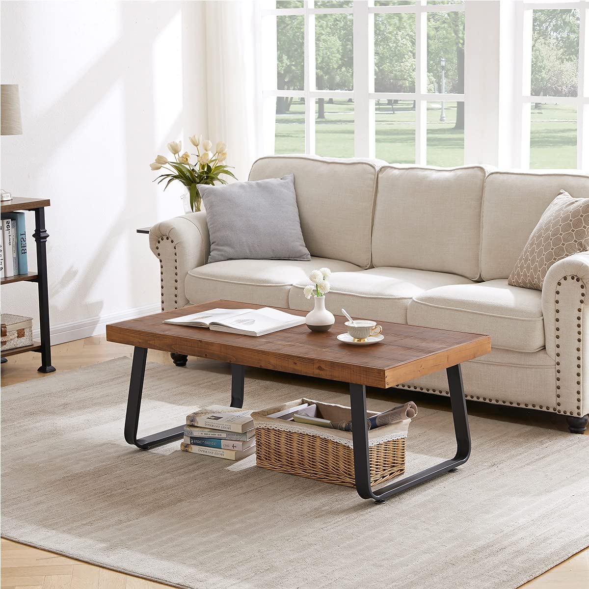 IBF Natural Wood Coffee Table, Rustic Solid Real Wood Center Table for Living Room, Rectangle Metal Modern Industrial Minimalist Wooden Cocktail/Tea Table, Rustic Brown, 47 Inch IBF