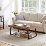 IBF Natural Wood Coffee Table, Rustic Solid Real Wood Center Table for Living Room, Rectangle Metal Modern Industrial Minimalist Wooden Cocktail/Tea Table, Rustic Brown, 47 Inch IBF